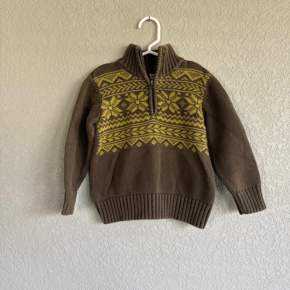Old navy Boys 3t Sweater Green Knit Fair Isle Quarter Zip Snow Holida